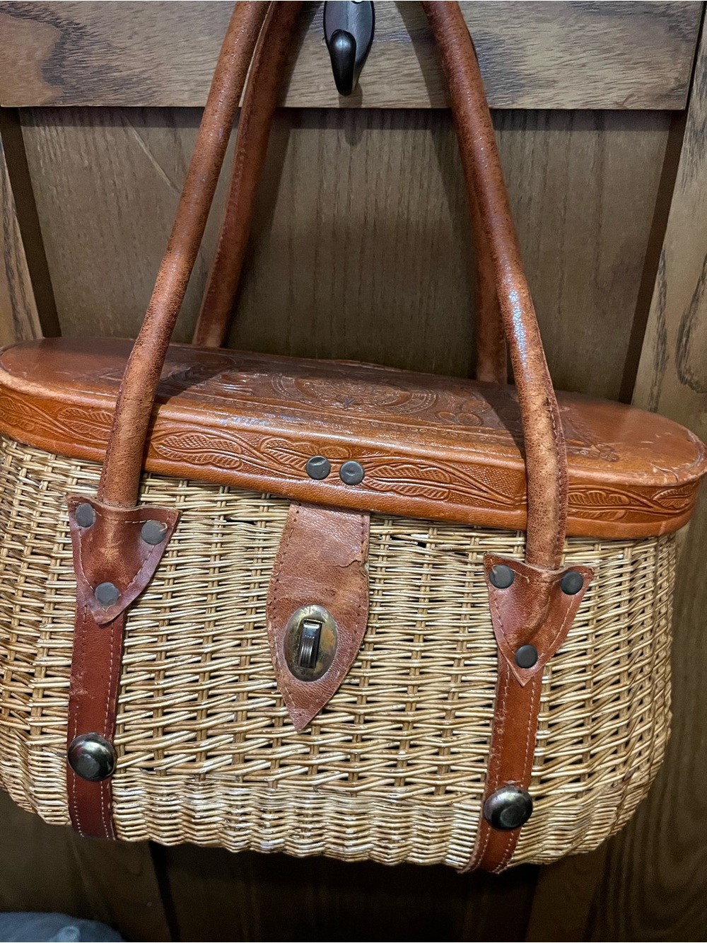Vintage Woven Rattan Tote bag basket with Brown Leather Trim made in Mexico